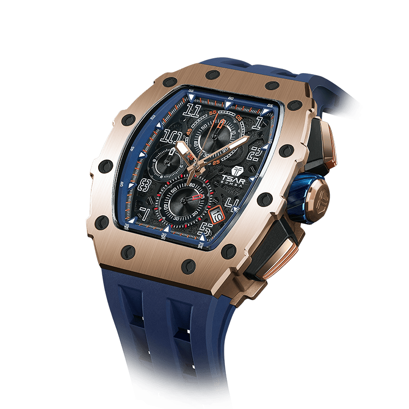 TSAR BOMBA watch Luxuriöse Tonneau-Herrenuhr, 50 m wasserdicht, Chronograph mit Kalenderanzeige Goldblau