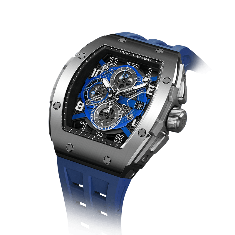 TSAR BOMBA Elemental Serie – Chronograph-Quarzuhr für Herren im tonneauförmigen Business-Design mit wasserdichtem Gehäuse Silberblau