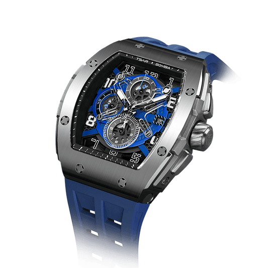 TSAR BOMBA Elemental Serie – Chronograph-Quarzuhr für Herren im tonneauförmigen Business-Design mit wasserdichtem Gehäuse Silberblau