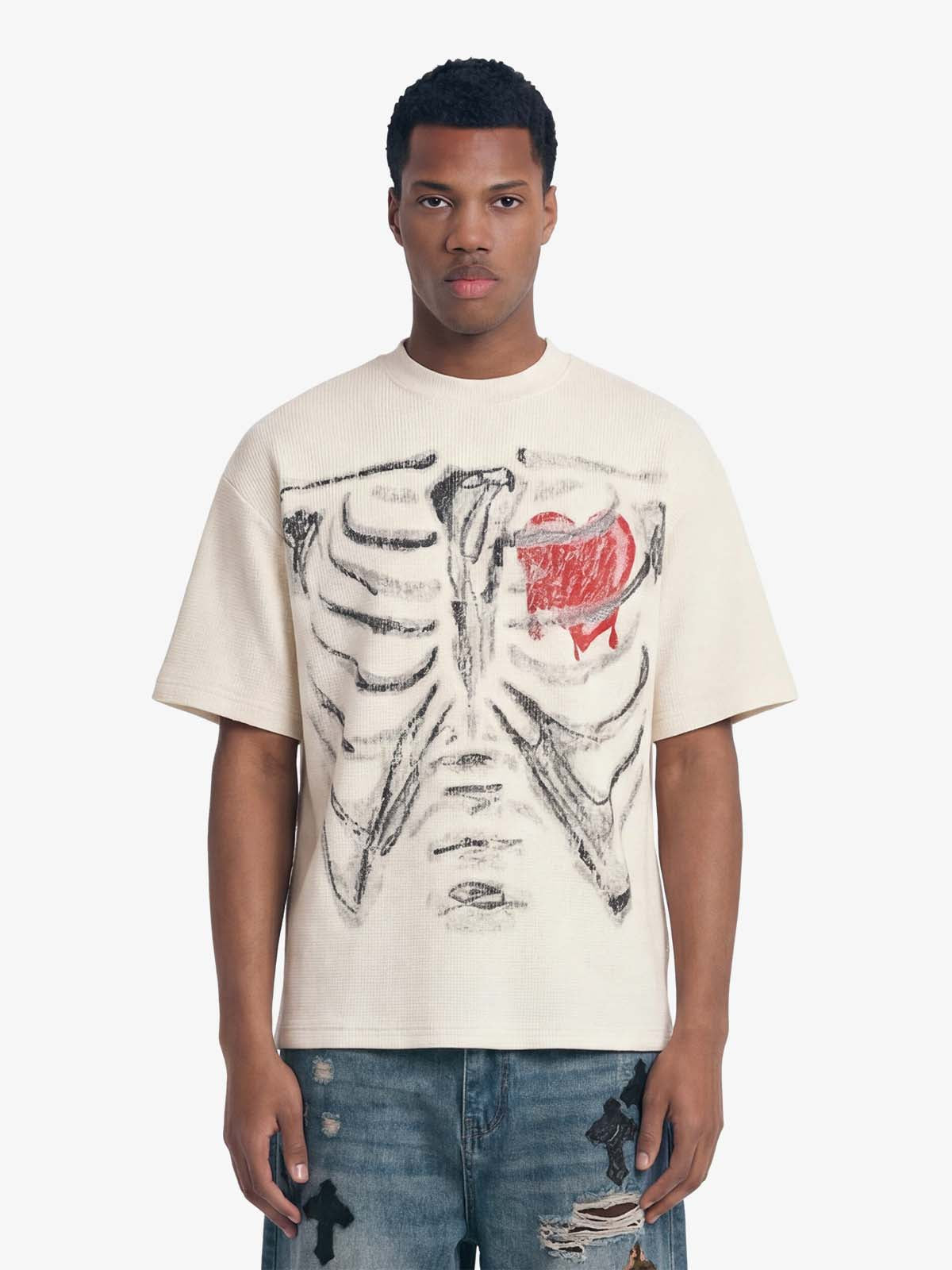 Skeleton & Melted Heart Graphic Waffle Knit T-Shirt - Beige / M