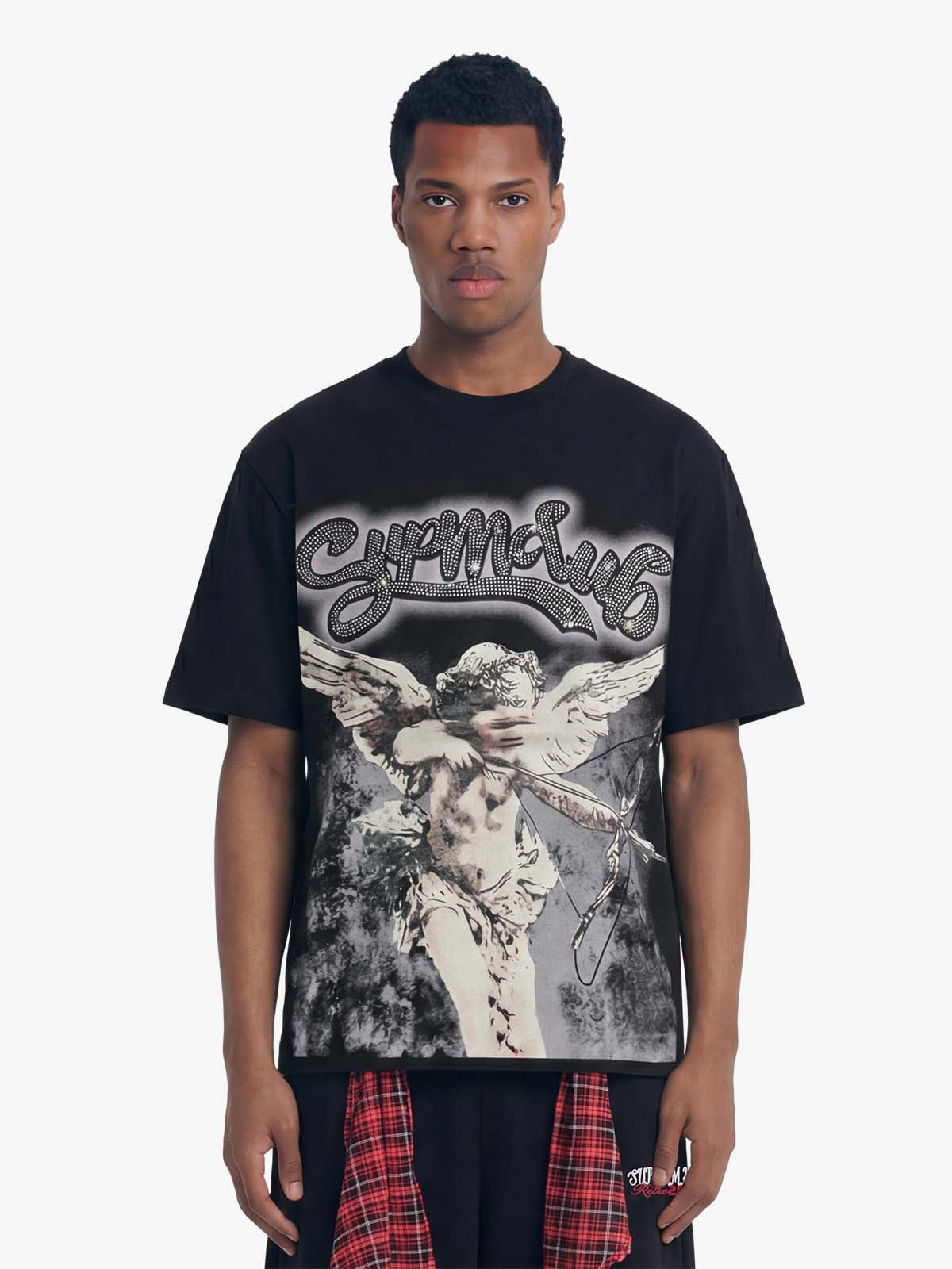 Retro Cupid Rhinestone Graphic T-Shirt - Black / S