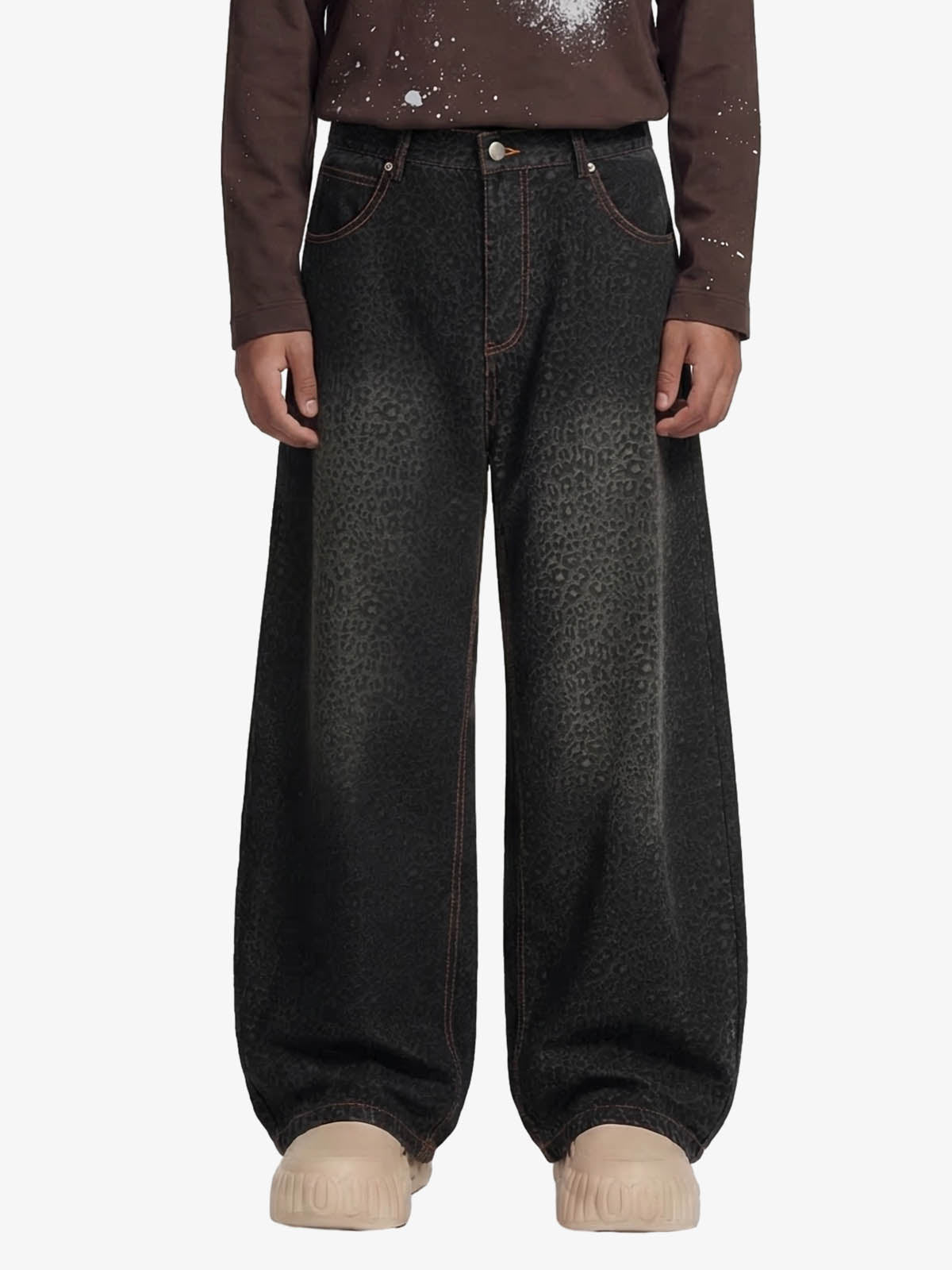 Denim Street Leopard Print Barrel Jeans - 2458 - Black / S