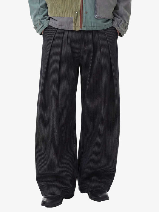 Vintage Pinstripe Pleated Wide-Leg Barrel Pants - Black / S