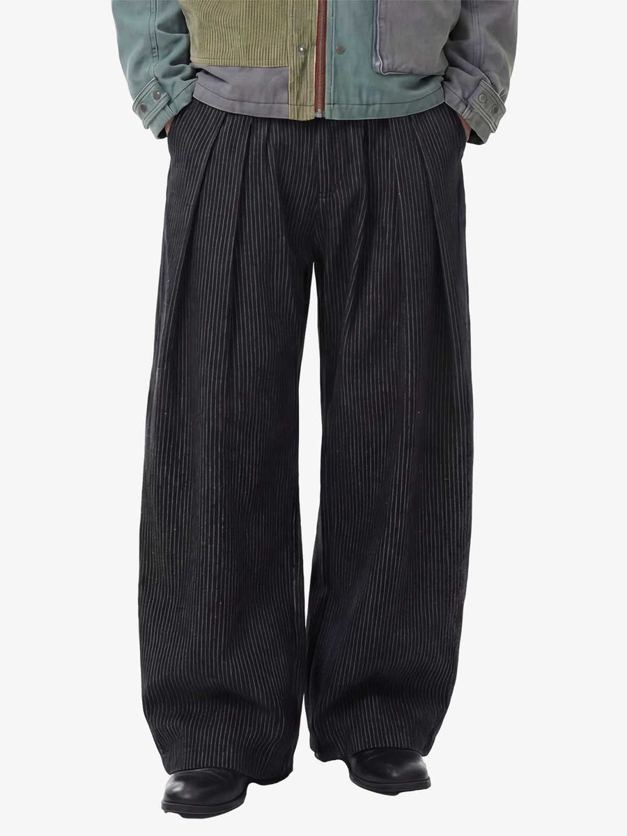 Vintage Pinstripe Pleated Wide-Leg Barrel Pants - Black / S