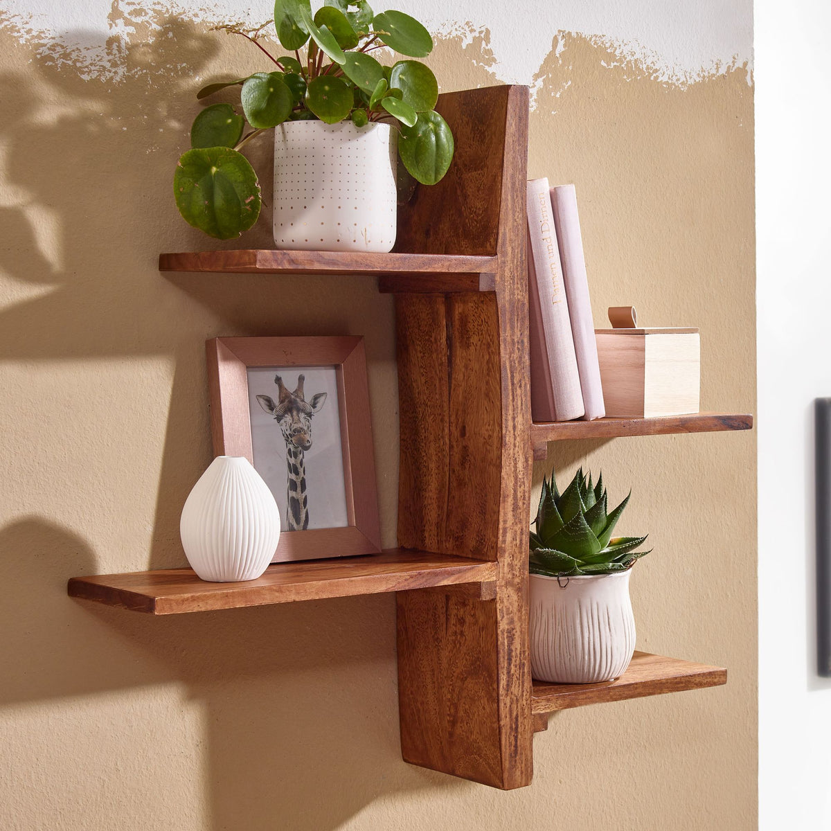 FineBuy Wandregal 58x60x15 cm Sheesham Massivholz Baum-Form Hängeregal Modern, Großes Design Schweberegal, Regal Hängend Wohnzimmer, Bücherregal Wand 