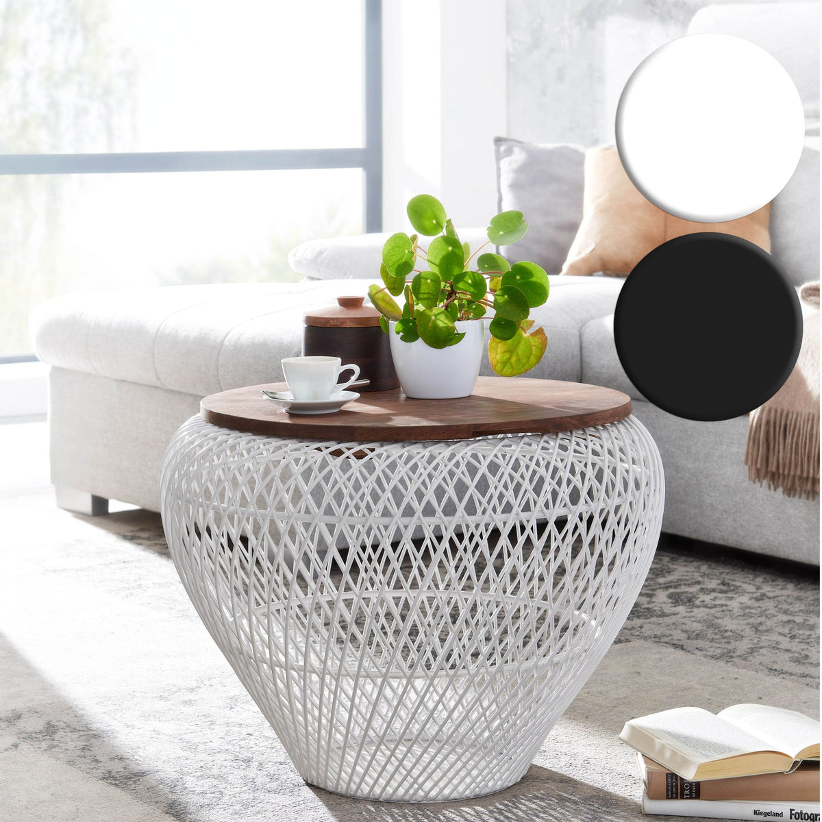FineBuy Couchtisch Mango Massivholz Metall 60x60x45 cm Rund mit Stauraum, Design Wohnzimmertisch Korbtisch Modern, Beistelltisch Sofatisch Wohnzimmer