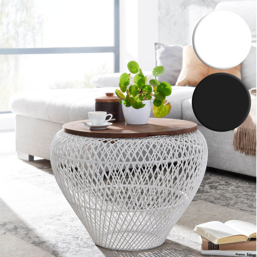 FineBuy Couchtisch Mango Massivholz Metall 60x60x45 cm Rund mit Stauraum, Design Wohnzimmertisch Korbtisch Modern, Beistelltisch Sofatisch Wohnzimmer