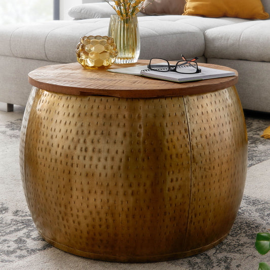 FineBuy Couchtisch Mango Massivholz Metall 60x60x40 cm Gold Rund mit Stauraum, Design Wohnzimmertisch abnehmbare Platte, Loungetisch Sofatisch Wohnzim