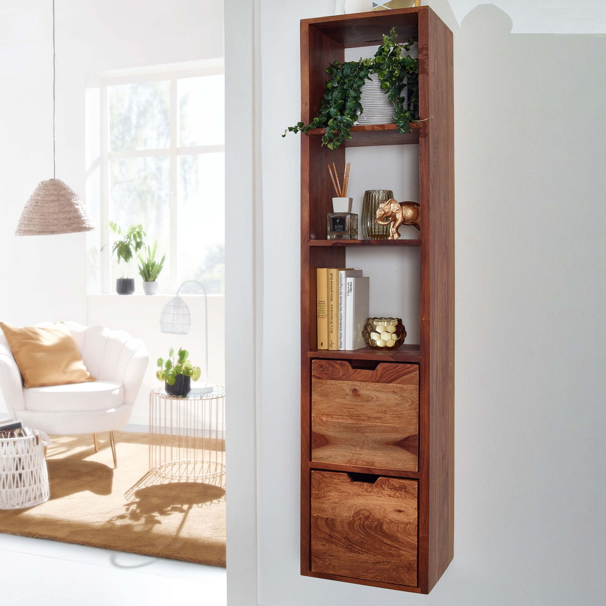 FineBuy Wandregal mit Schubladen 35x150x30 cm Sheesham Massivholz Hängeregal, Großes Design Schweberegal Modern, Regal Hängend Wohnzimmer, Bücherregal