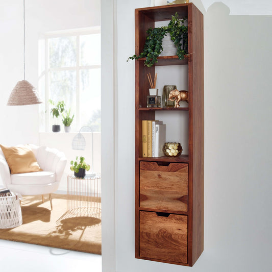 FineBuy Wandregal mit Schubladen 35x150x30 cm Sheesham Massivholz Hängeregal, Großes Design Schweberegal Modern, Regal Hängend Wohnzimmer, Bücherregal