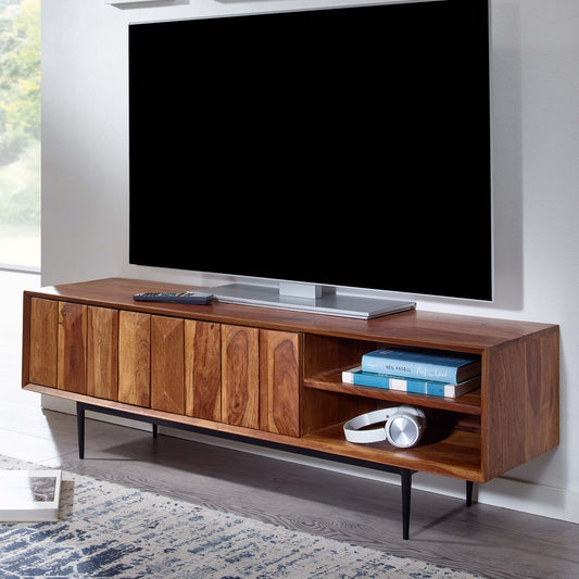 Finebuy Lowboard Sheesham Massivholz 123x42x35 cm TV-Kommode mit zwei Türen, Design TV-Schrank Hoch, Fernsehtisch Fernsehschrank Modern, Fernsehkommod