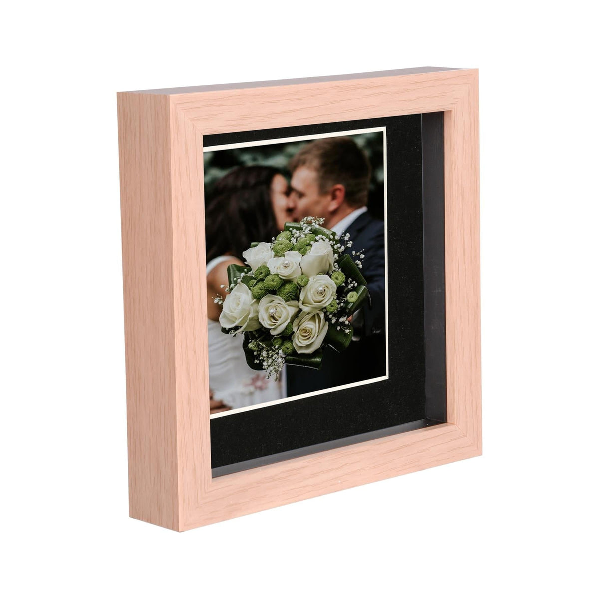 6" x 6" Light Wood 3D Deep Box Photo Frame - with 4" x 4" Mount - Black Mount