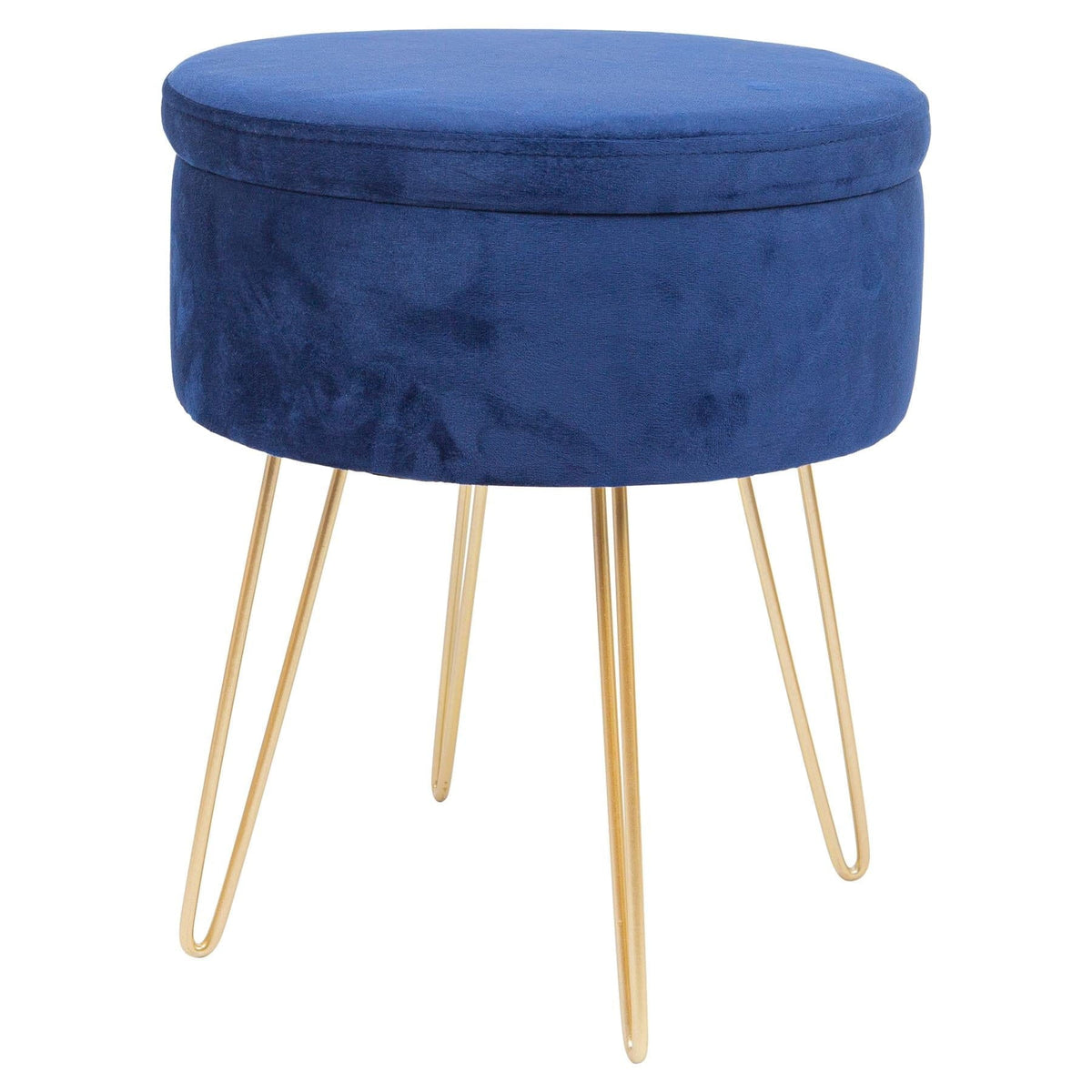 Blue Round Velvet Storage Footstool - Gold Legs