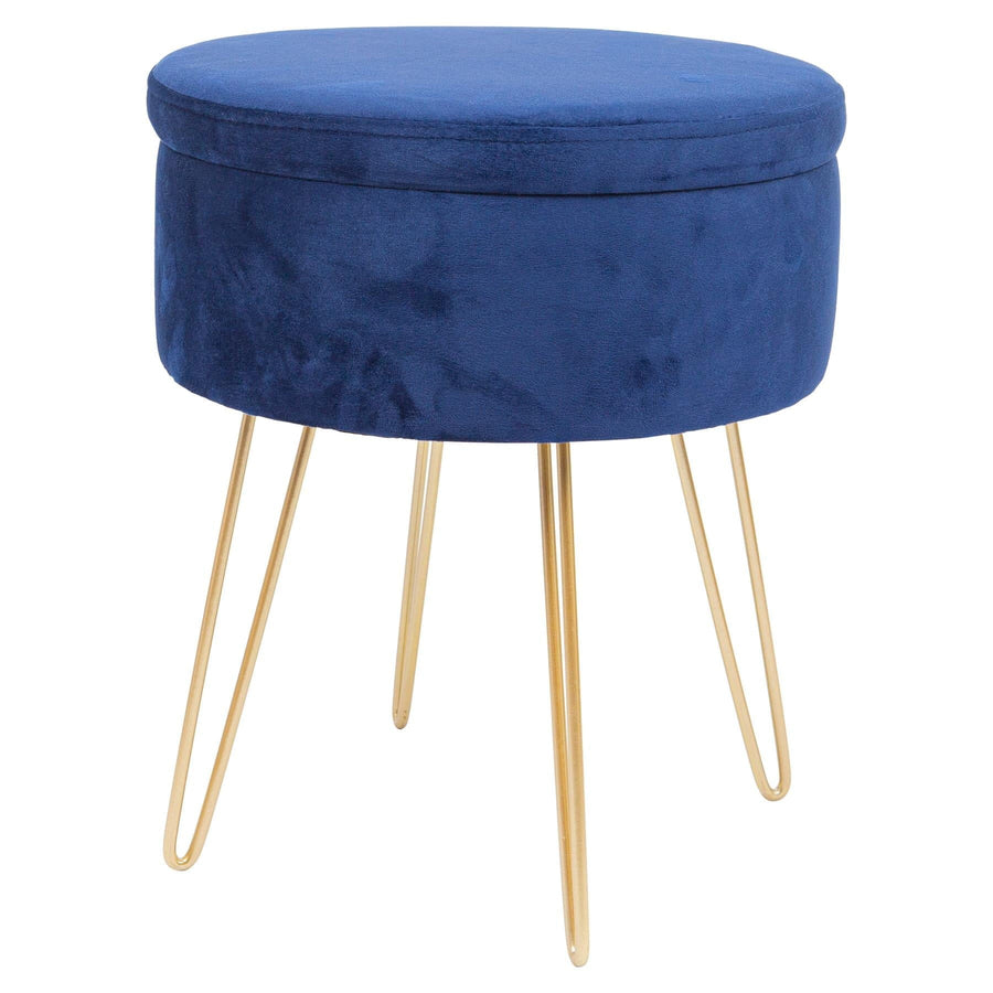 Blue Round Velvet Storage Footstool - Gold Legs