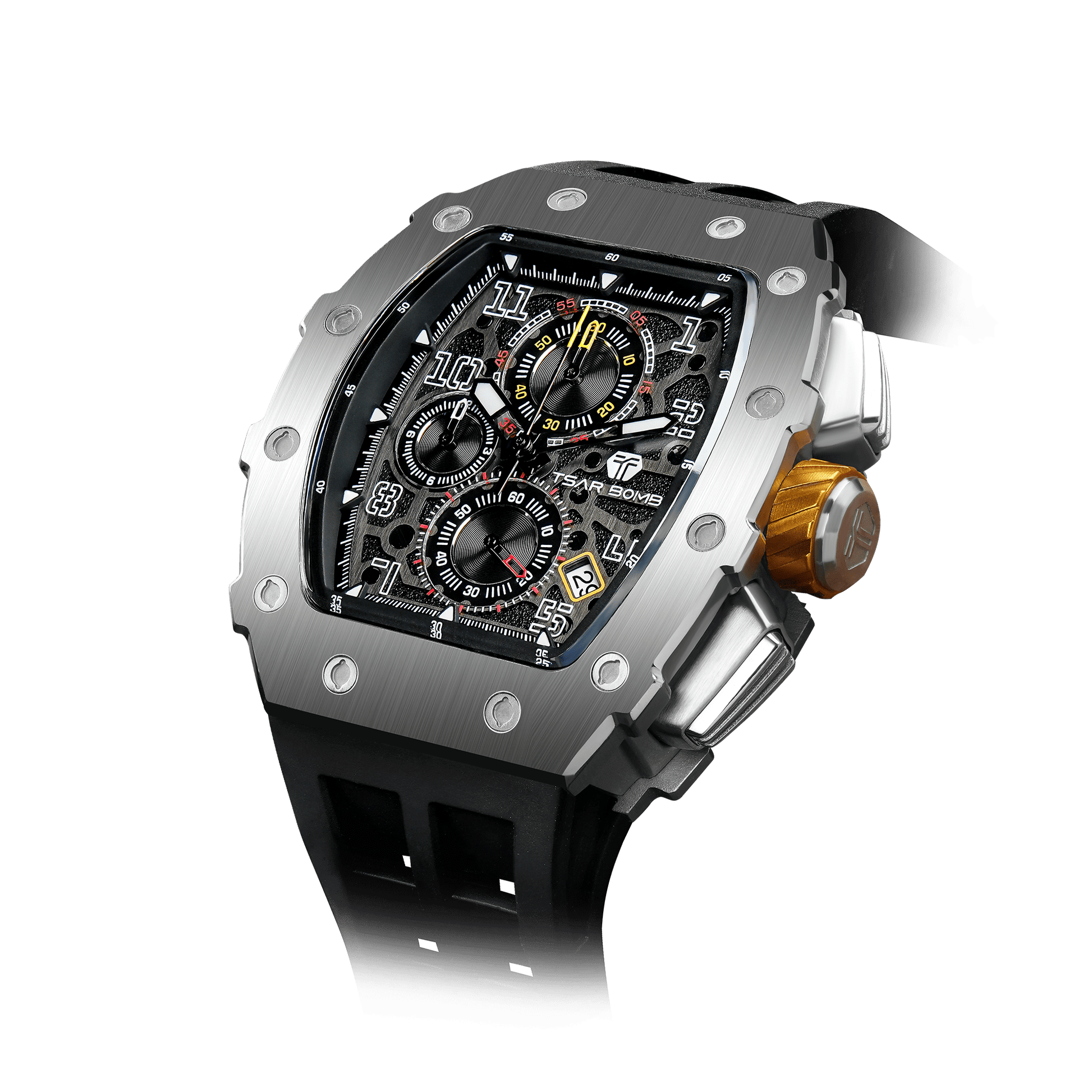 TSAR BOMBA Elemental Serie – Luxuriöse Tonneau-Herrenuhr, 50 m wasserdicht, Chronograph mit Kalenderanzeige Silberschwarz