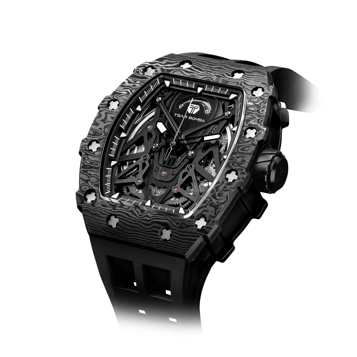 TSARBOMBA elementl TB8207A Men’s Fashion Watch—featuring a Miyota automatic mechanical movement, a tonneau-shaped case, and a carbon fiber bezel that 