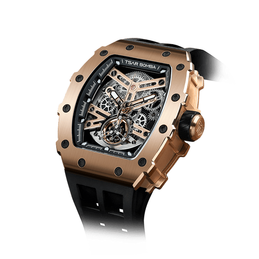 TSAR BOMBA watches – Luxuriöse Automatikuhr für Geschäftseliten und Uhrenliebhaber, skelettiertes Zifferblatt, Gehäuse aus Edelstahl. Roségold-Schwarz