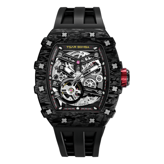 TSARBOMBA Elemental TB8208CF Fashion Watch; features a Miyota automatic mechanical movement, a carbon fiber bezel, and a black 316L stainless steel ca