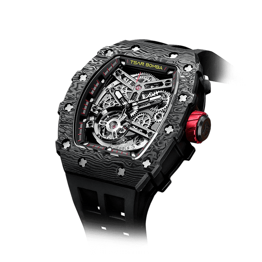 TSAR BOMBA men watch Automatische Herrenuhr mit sportlichem Carbonfaser-Design, wasserdicht, langlebig und stilvoll Coolschwarz