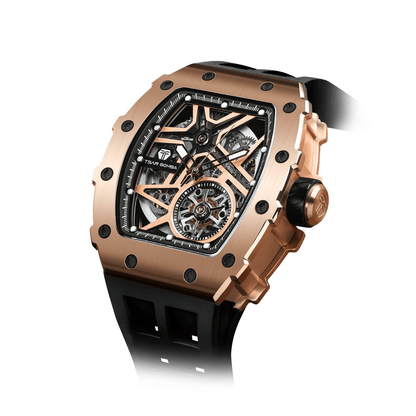 TSAR BOMBA Elemental Serie – Herren Skelett-Automatikuhr, sportliches luxuriöses tonneauförmiges Gehäuse, mechanisches Zeitmessgerät mit Gold-Schwarz
