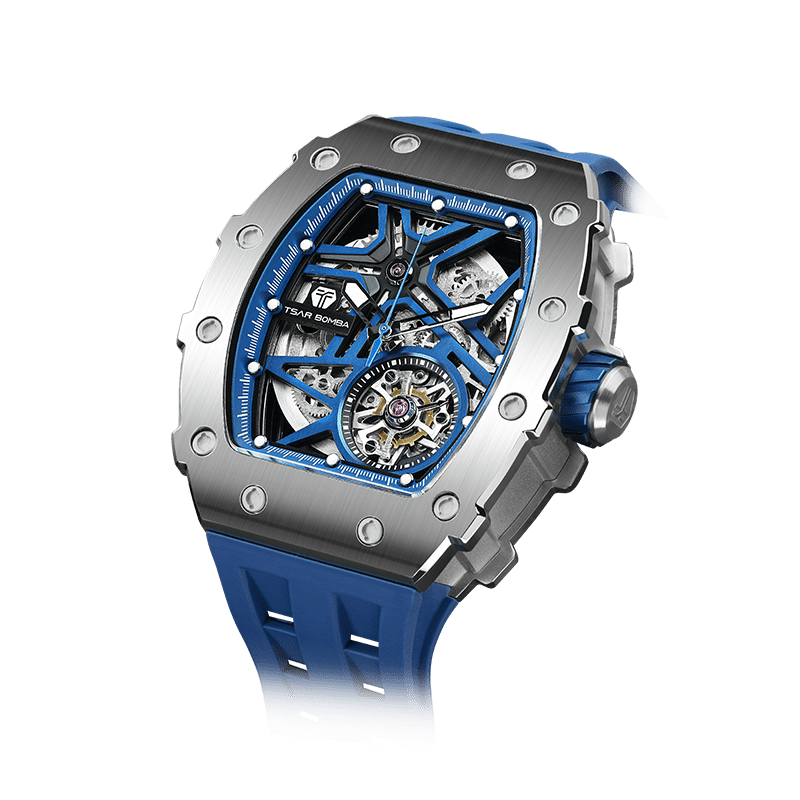 TSAR BOMBA watch Herren Skelett-Automatikuhr, sportliches luxuriöses tonneauförmiges Gehäuse, mechanisches Zeitmessgerät mit Silberblau