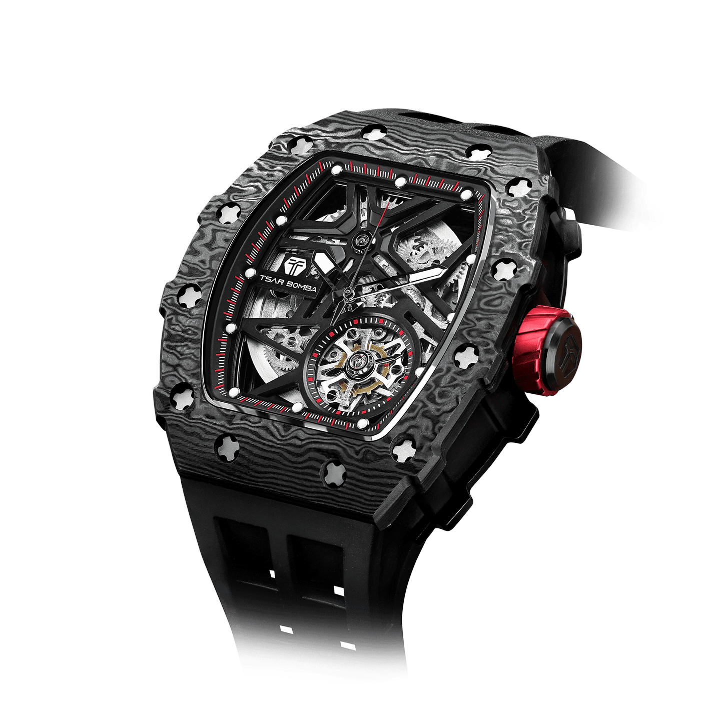 TSAR BOMBA watches – Herren-Automatik-Skelettuhr mit Carbonfaser-Lünette, sportlich-luxuriösem Design, FKM-Kautschukarmband Schwarz