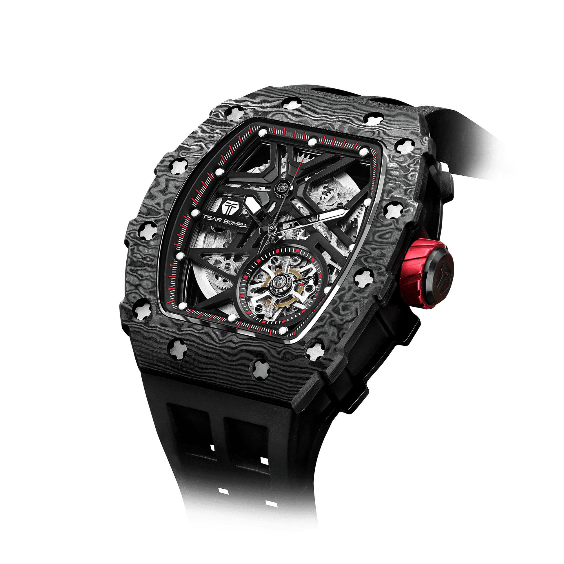 TSAR BOMBA watches – Herren-Automatik-Skelettuhr mit Carbonfaser-Lünette, sportlich-luxuriösem Design, FKM-Kautschukarmband Schwarz