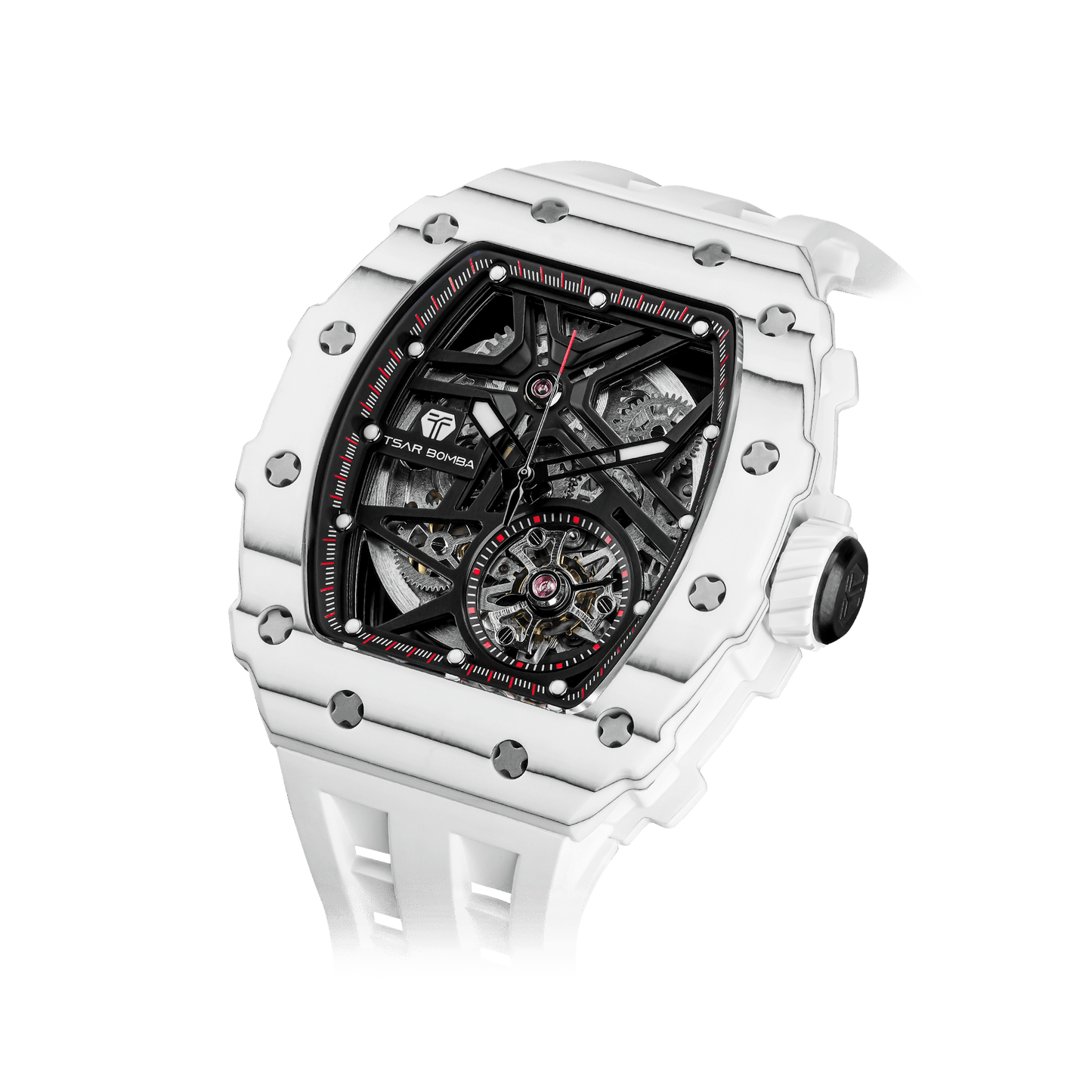 TSAR BOMBA Elemental Serie – Herren-Automatik-Skelettuhr mit Carbonfaser-Lünette, sportlich-luxuriösem Design, FKM-Kautschukarmband Weiß