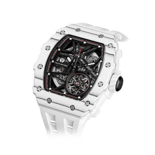 TSAR BOMBA Elemental Serie – Herren-Automatik-Skelettuhr mit Carbonfaser-Lünette, sportlich-luxuriösem Design, FKM-Kautschukarmband Weiß