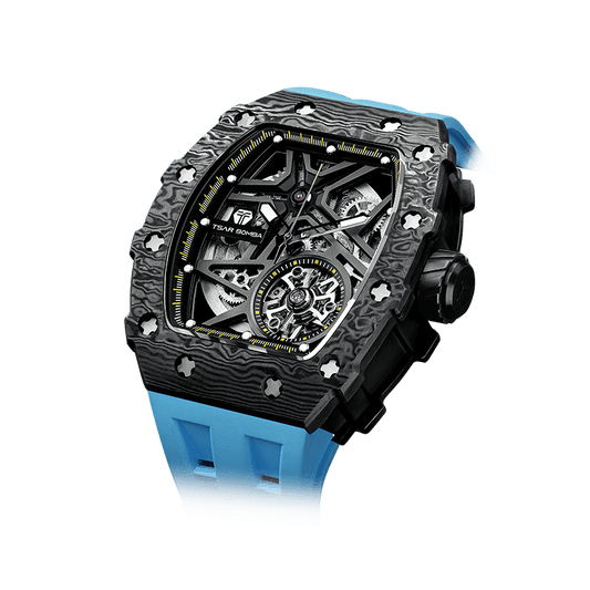 TSAR BOMBA herren uhren Automatik-Skelettuhr mit Carbonfaser-Lünette, sportlich-luxuriösem Design, FKM-Kautschukarmband Schwarz Blau