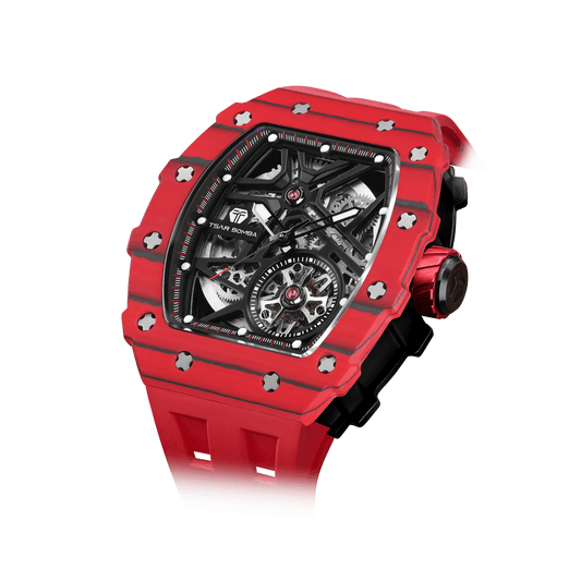 TSAR BOMBA schwarze UhrHerren-Automatik-Skelettuhr mit Carbonfaser-Lünette, sportlich-luxuriösem Design, FKM-Kautschukarmband Bull Red