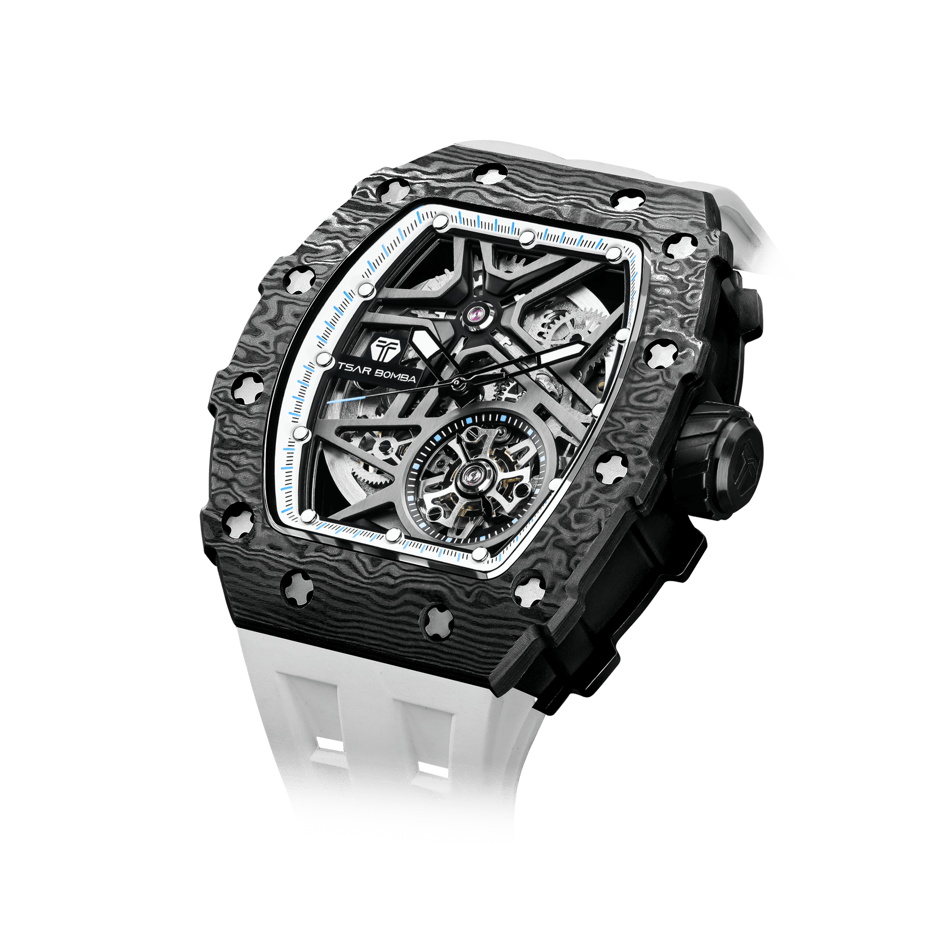 TSAR BOMBA black watches – Herren-Automatik-Skelettuhr mit Carbonfaser-Lünette, sportlich-luxuriösem Design, FKM-Kautschukarmband Schwarz Weiß
