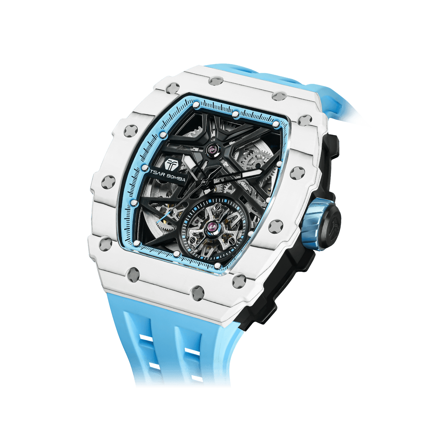 TSAR BOMBA Elemental Serie – Herren-Automatik-Skelettuhr mit Carbonfaser-Lünette, sportlich-luxuriösem Design, FKM-Kautschukarmband Weiß Blau