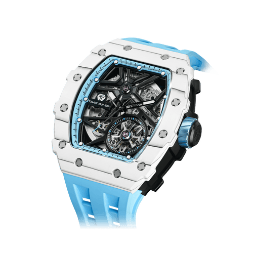 TSAR BOMBA Elemental Serie – Herren-Automatik-Skelettuhr mit Carbonfaser-Lünette, sportlich-luxuriösem Design, FKM-Kautschukarmband Weiß Blau