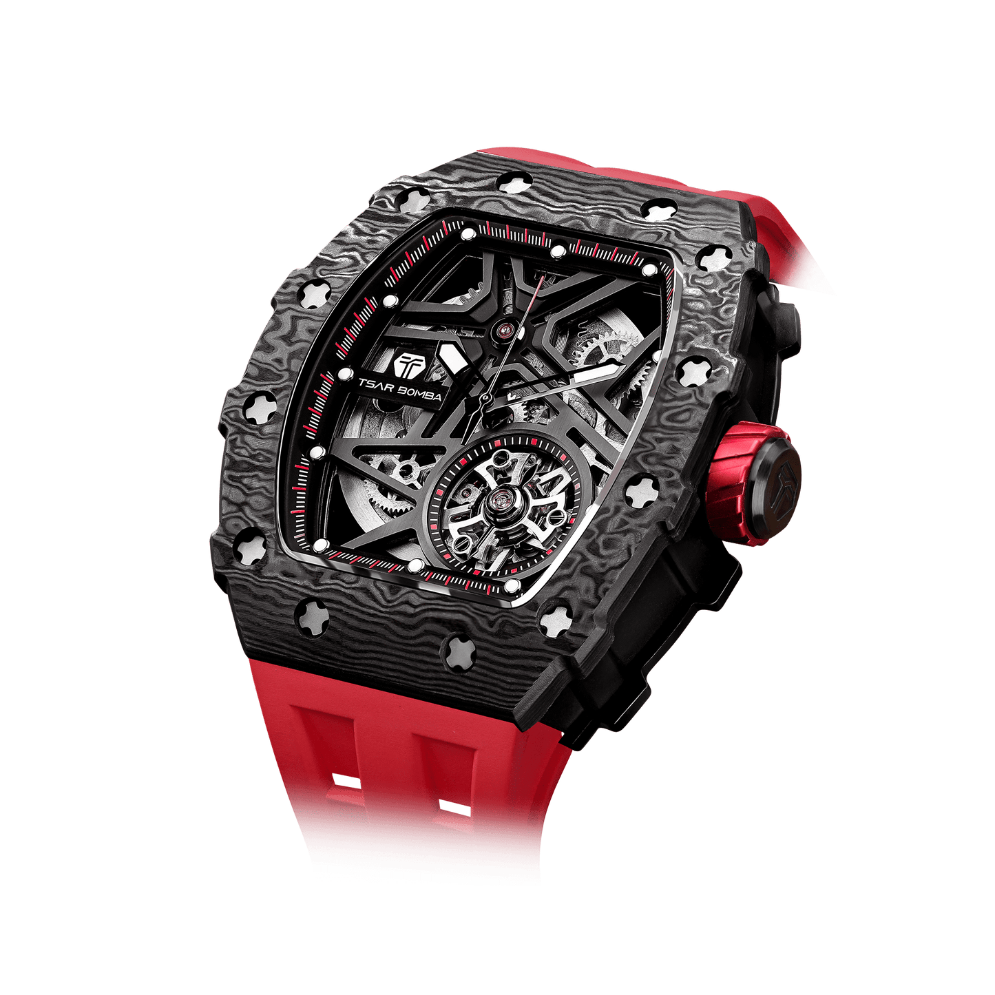 TSAR BOMBA Herrenuhr Automatik-Skelettuhr mit Carbonfaser-Lünette, sportlich-luxuriösem Design, FKM-Kautschukarmband Schwarz Rot