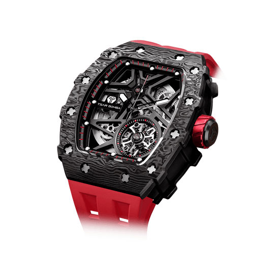TSAR BOMBA Herrenuhr Automatik-Skelettuhr mit Carbonfaser-Lünette, sportlich-luxuriösem Design, FKM-Kautschukarmband Schwarz Rot