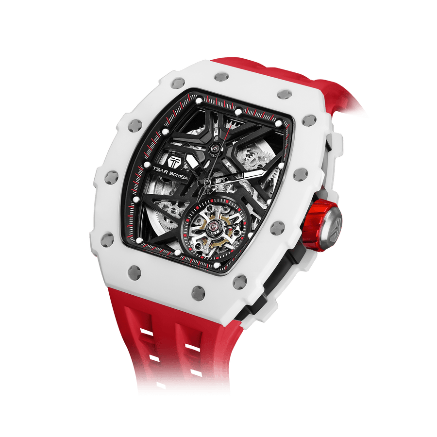 TSAR BOMBA Elemental TB8209C Keramik Automatik Tonneau Unique masculino Uhr-Keramik Lünette-Tourbillon Visible at 5 O'Clock-Weiß Rot
