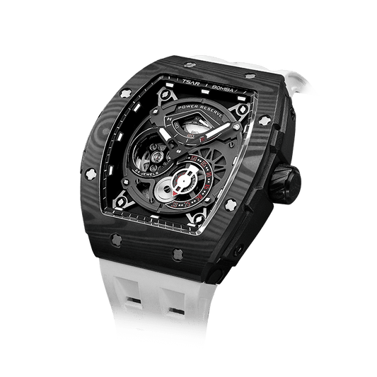 schwarze Uhr TSAR BOMBA Elemental Serie watch– Herren-Sport-Skelett-Automatikuhr mit Carbonfaser-Lünette, Gangreserveanzeige Elite White