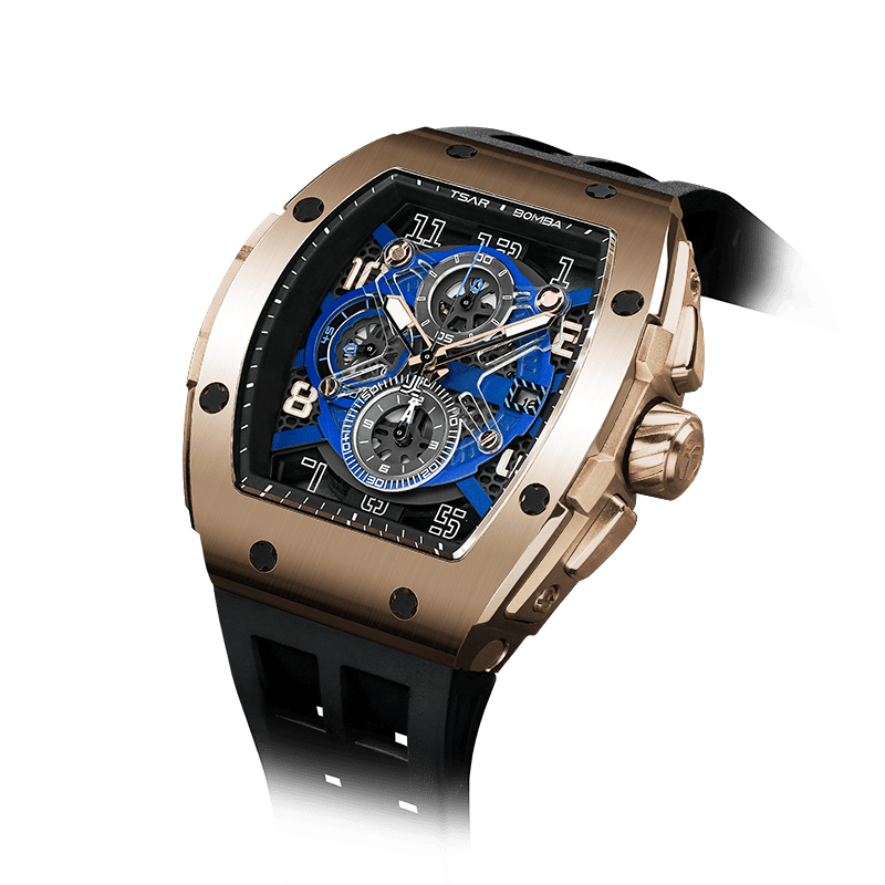 schwarze Uhr TSAR BOMBA watch Chronograph-Quarzuhr für Herren im tonneauförmigen Business-Design mit wasserdichtem Gehäuse Goldschwarz