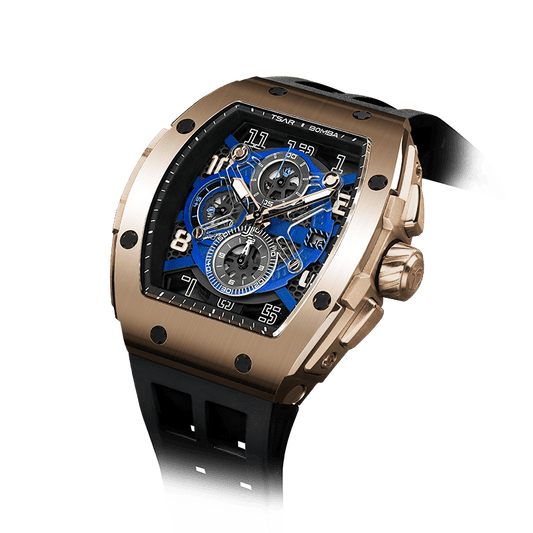 schwarze Uhr TSAR BOMBA watch Chronograph-Quarzuhr für Herren im tonneauförmigen Business-Design mit wasserdichtem Gehäuse Goldschwarz