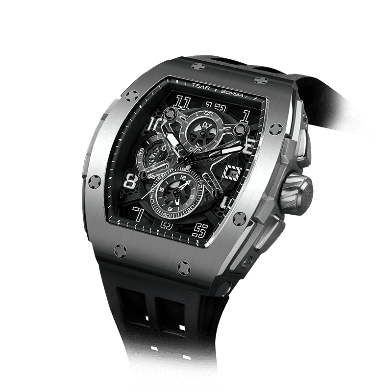 TSAR BOMBA Elemental Serie – Chronograph-Quarzuhr für Herren im tonneauförmigen Business-Design mit wasserdichtem Gehäuse Silberschwarz