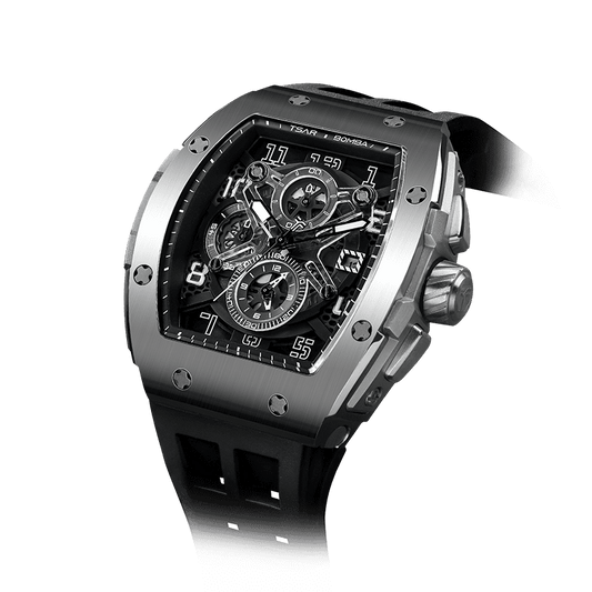 TSAR BOMBA Elemental Serie – Chronograph-Quarzuhr für Herren im tonneauförmigen Business-Design mit wasserdichtem Gehäuse Silberschwarz