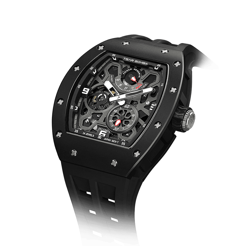 schwarze Uhr TSAR BOMBA Elemental Serie – Herren-Automatikuhr mit kompletter Keramik-Lünette und -Gehäuse Schwarz