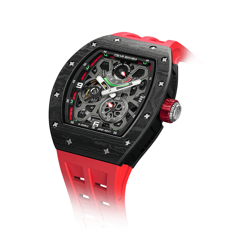 TSAR BOMBA Elemental Serie – Herren-Automatikuhr mit kompletter Carbonfaser Rot
