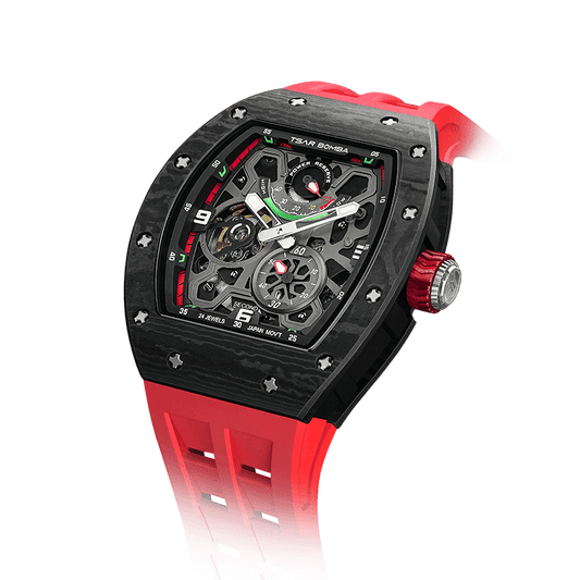TSAR BOMBA Elemental Serie – Herren-Automatikuhr mit kompletter Carbonfaser Rot