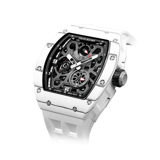 schwarze Uhr TSAR BOMBA Elemental Serie – Herren-Automatikuhr mit kompletter Carbonfaser Weiß