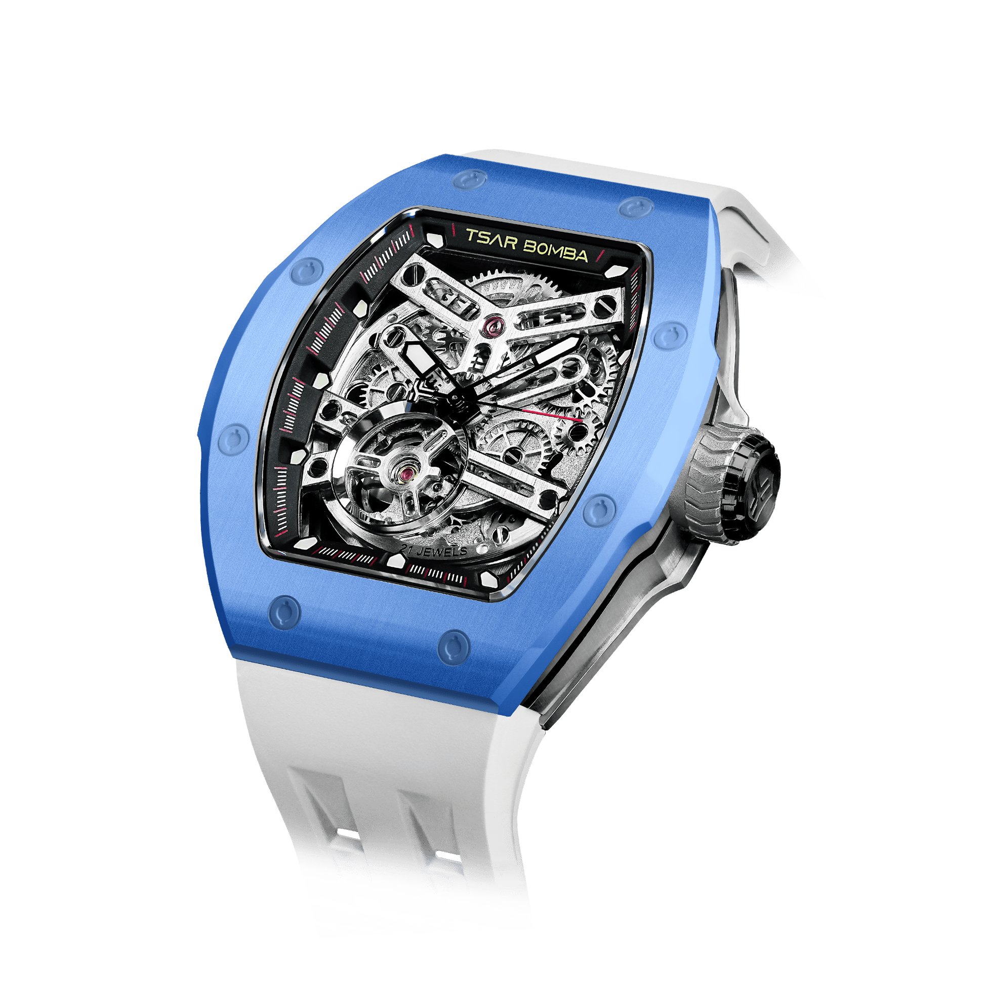 TSAR BOMBA schwarze Uhr – Luxuriöse skelettierte Herren-Automatikuhr mit Wechselarmband. Hochleistungsfähiges mechanisches Meisterwerk Blau