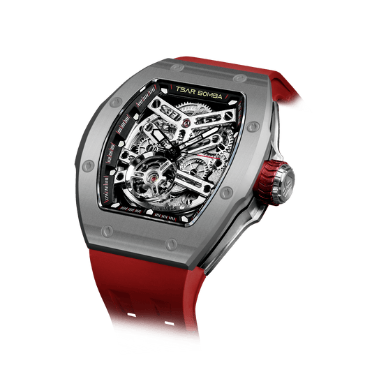 TSAR BOMBA Atomic Serie – Luxuriöse skelettierte Herren-Automatikuhr mit Wechselarmband. Hochleistungsfähiges mechanisches Meisterwerk Grau