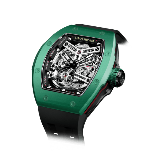 TSAR BOMBA Herrenuhr– Luxuriöse skelettierte Herren-Automatikuhr mit Wechselarmband. Hochleistungsfähiges mechanisches Meisterwerk Grün