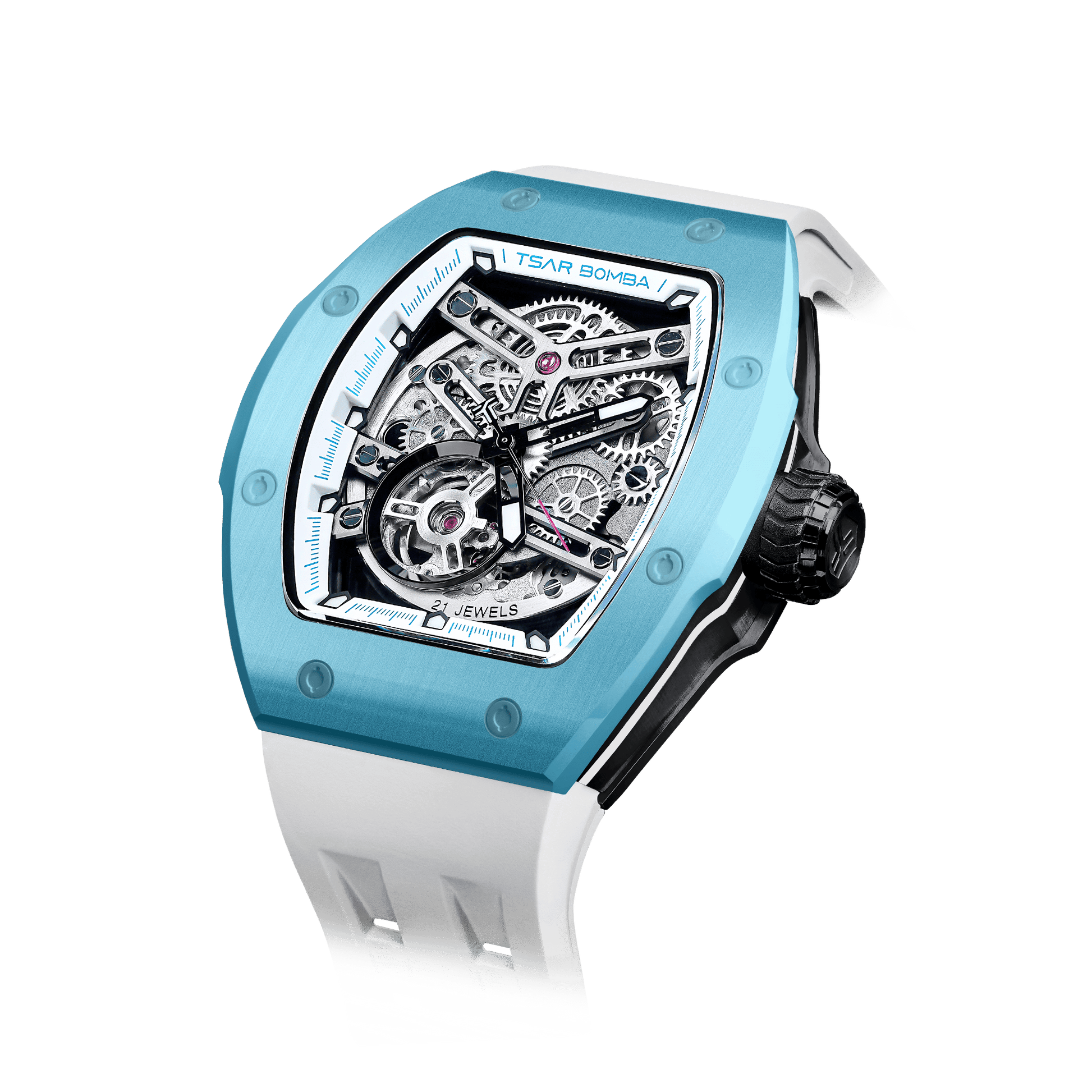 TSAR BOMBA Atomic Serie – Luxuriöse skelettierte Herren-Automatikuhr mit Wechselarmband. Hochleistungsfähiges mechanisches Meisterwerk Hellblau